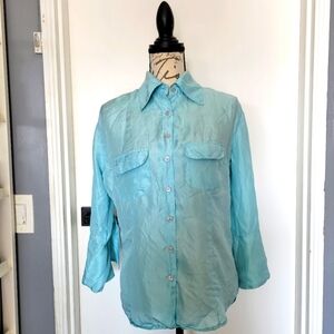 Vintage 100% Silk Baby Blue Roll-up Sleeves Button Down Shirt Top Size M